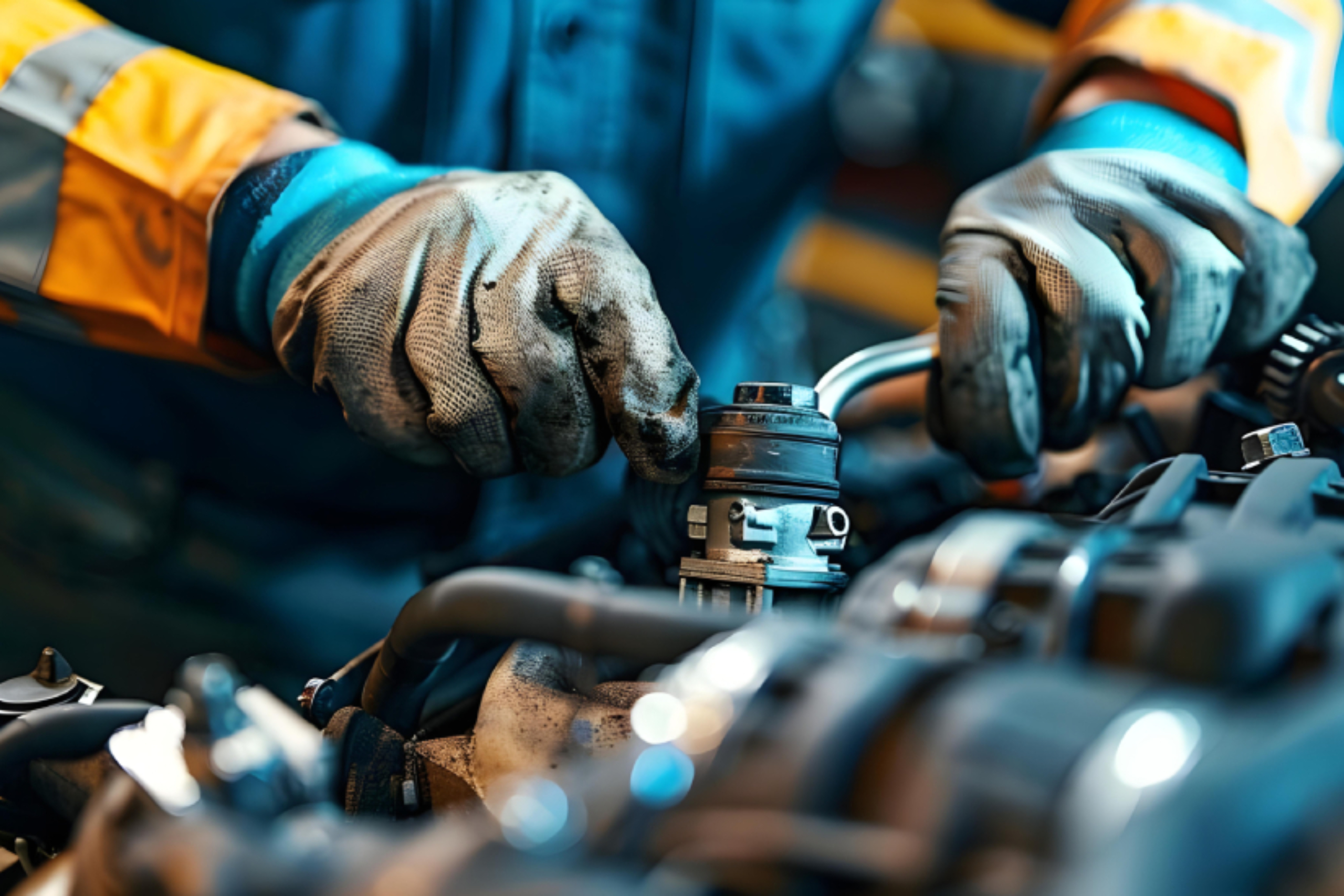 Close-up of a mechanic in protective gloves using a wrench to repair an engine or transmission component under the hood of a vehicle.